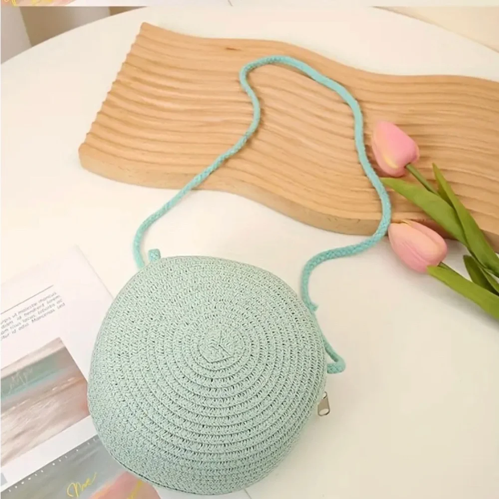 Round Woven Straw Mini Bags, Cute Style Paper Material Handheld Crossbody Pouch